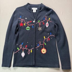 Nouveau Christmas Ornament Lights Sequins Embellished Knit Zip Up‎ Cardigan